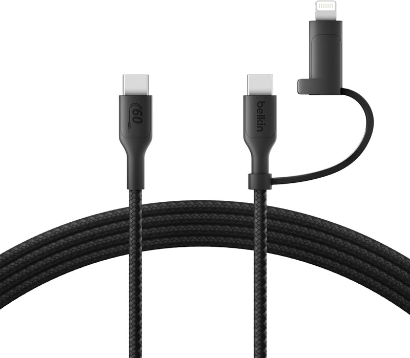 Belkin 2-in-1 Charging Cable with USB-C & Lightning Connector - Braided Fast-Charging Cable, USB-C to USB-C & Lightning Charger Cord, Multi-Charging Combo for Apple iPhone, iPad, Samsung, More - Black - Black