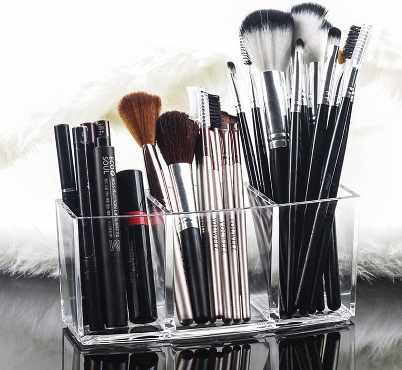 Clear Makeup Brush Holder Organizer with 3 Slots, Clear Cosmetic Brushes Container for Eyebrow Pen Comb Power Brush, Desktop Pen Pencil Storage Organizer