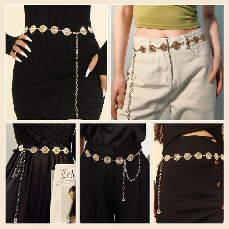 Metal Waist Chains for Woman, Adjustable Boho Body Chain, Fashion Vintage Belly Chain Belt Jewelry, for Women Dresses, Saree, Beach, Jeans, Skirts, Gold