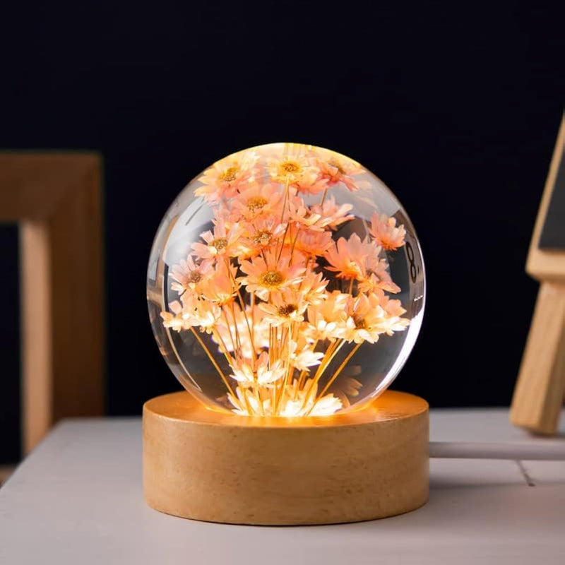 MARZIUS Flower Crystal Ball Night Light,2.4 inch Glass Ball Night Lamp with Woodern Base,Decorations Gifts for Men,Women,Kids,Boys,Girls,Teens (Red Daisy)