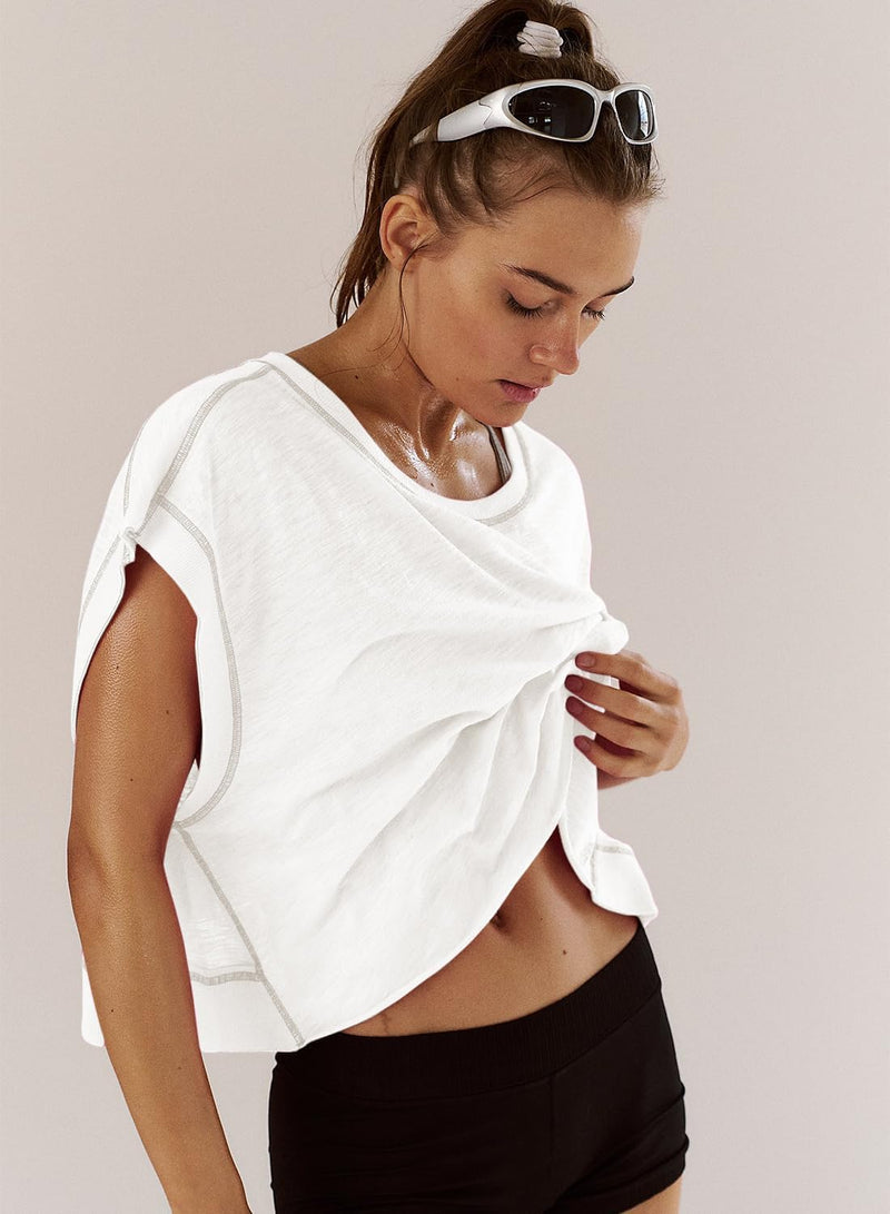 Sthxyfaith Women Short Sleeve Workout Shirts Open Back Tops Casual Yoga Athletic Gym Slouchy Crop Running Tees