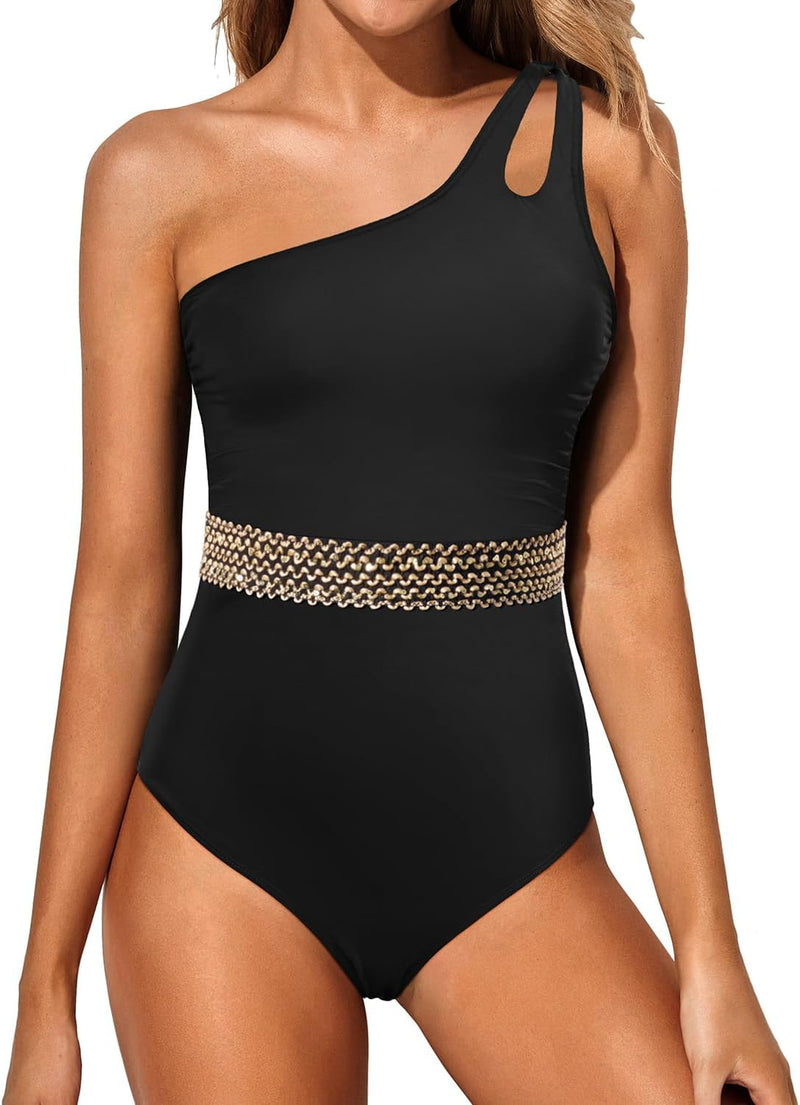 Holipick womens Classic One Piece Swimsuit - Black Gold