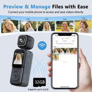 Thumb Action Camera, 4K Body Camera, Tiny Size, Handheld Action Camera Dual Lens HD 180 Degree Rotating, Small Body Camera with WiFi, Portable Vlogging, for Cycling Hiking Outdoor32GB Included