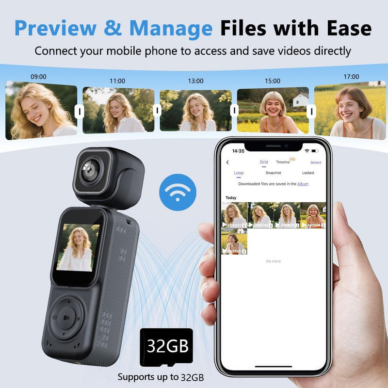 Thumb Action Camera, 4K Body Camera, Tiny Size, Handheld Action Camera Dual Lens HD 180 Degree Rotating, Small Body Camera with WiFi, Portable Vlogging, for Cycling Hiking Outdoor32GB Included