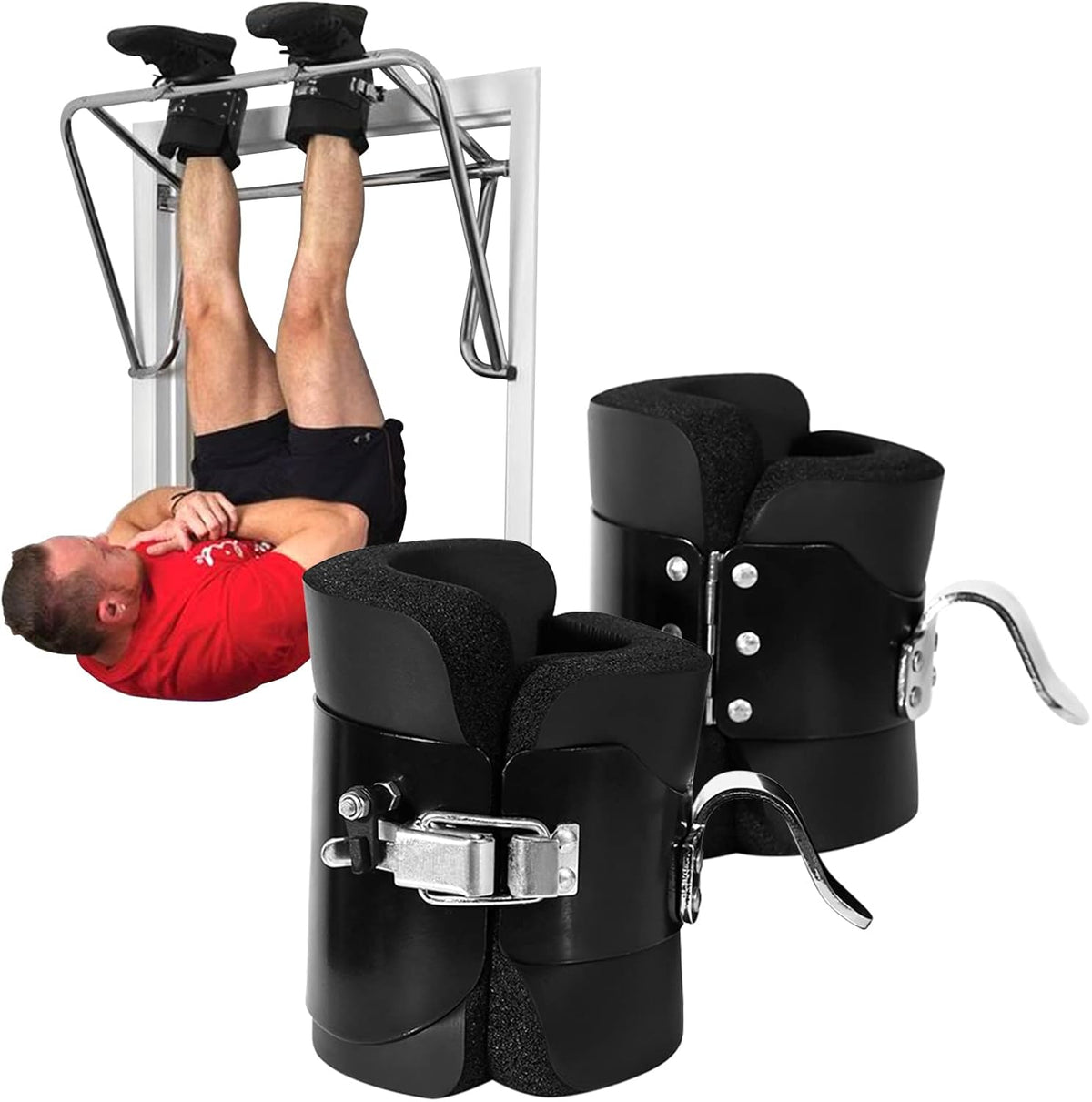 Hanging Pull Up Boots,1 Pair Black Anti Gravity Inversion Hang Up Boots Therapy Gym Fitness Physio Hang Spine Posture with Comfortable Foam Padding and Safe Locking Clips – image 1