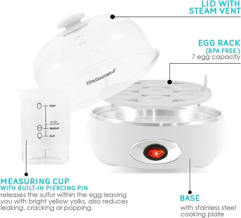 Elite Gourmet EGC322CBL Easy Egg Cooker Electric 7-Egg Capacity, Soft, Medium, Hard-Boiled Egg Cooker with Auto Shut-Off, Measuring Cup Included, BPA Free, Classic Blue