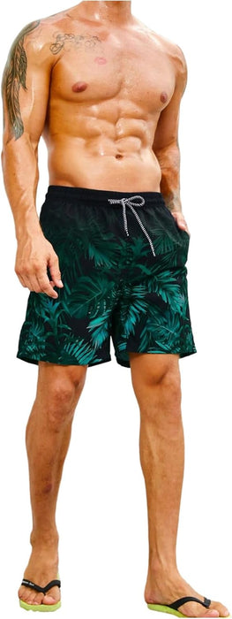 GORGLITTER Men's Drawstring Elastic Waist Tropical Print Swim Trunks Slant Pocket Summer Shorts