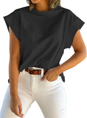 Womens Summer Cap Sleeve Tank Top Crew Neck Solid Casual Loose Fit Basic Tee Shirt - Black