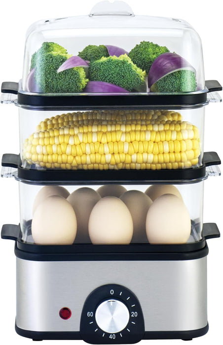 Green Lion 3-Tier Egg Cooker, Egg & Vegetable Steamer, 16 Eggs Capacity, 500mL Water Reservoir, 400-500W Power, 0-60min Timer, Stainless Steel Heating, Steam Vent Lid, Indicator Light - Gray