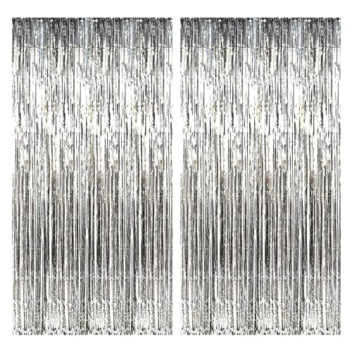 BrainGiggles Silver Metallic Foil Fringe Curtain Pack of 2– 6Ft x 3Ft Self Adhesive Tinsel Streamers Party Backdrop for Birthday, Bachelorette, Wedding, Baby Shower, Eid, Graduation Party Decorations