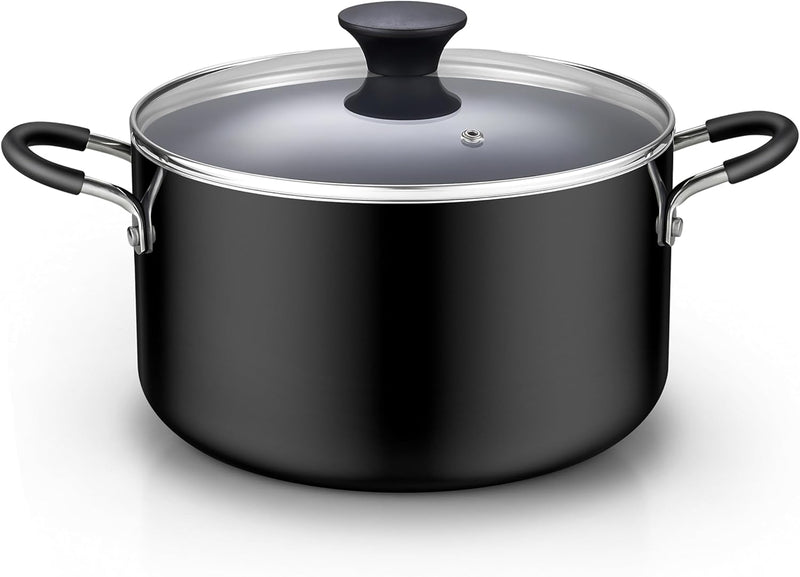 Cook N Home Nonstick Stockpot with Lid 6-QT, Deep Cooking Pot Cookware Casserole with Glass Lid, Black - Black 5.7 Litres