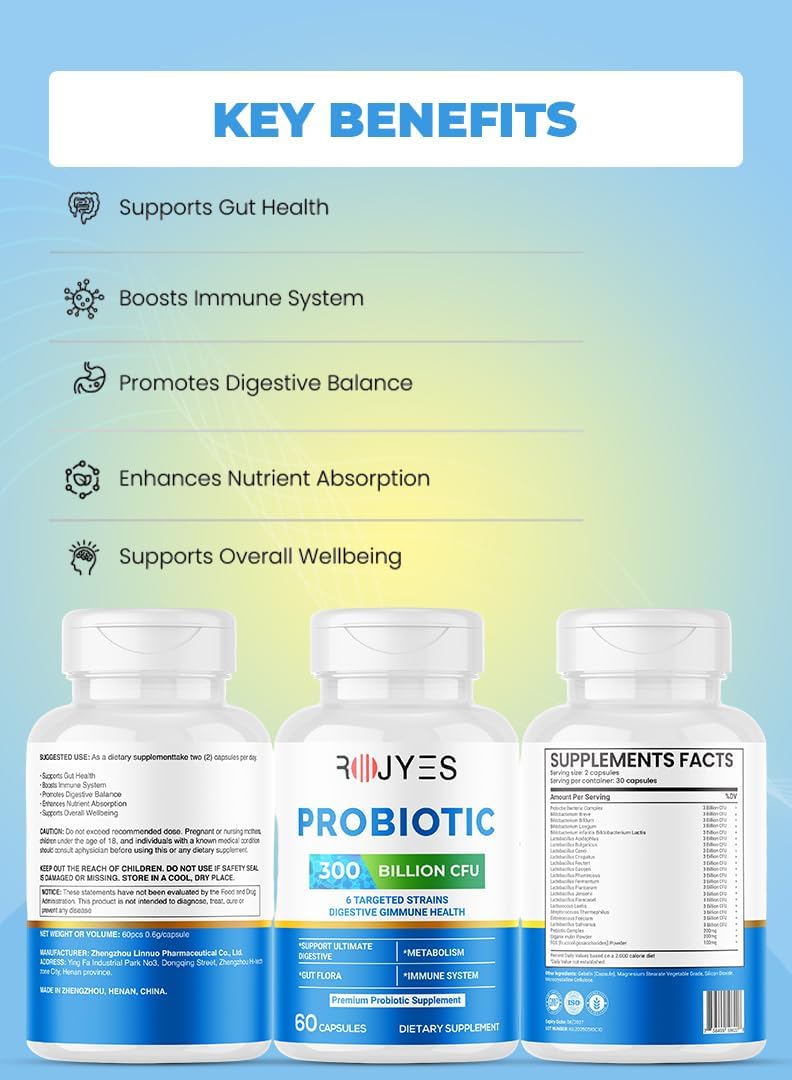 Probiotic 300 Billion CFU Supplement, Probiotics for Gut Health and Digestive Balance, Immune Support, Bloating and Digestion Support, Daily Digestive Health Supplement, 60 Capsules