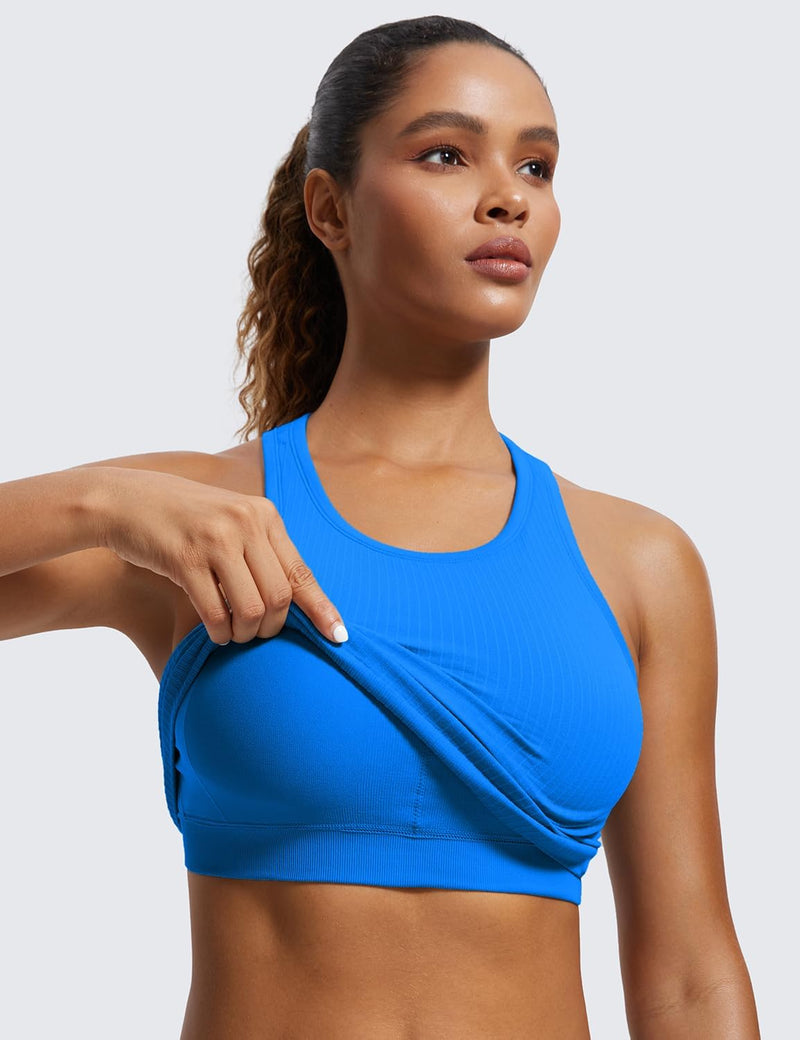CRZ YOGA Womens Seamless Ribbed Longline High Neck Sports Bra - Racerback Padded Slim Fit Crop Tank Top with Built in Bra