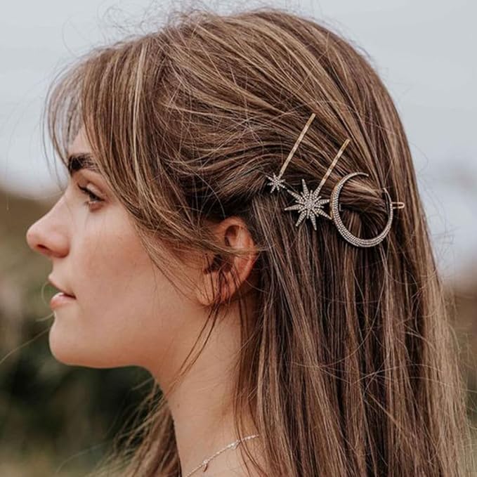 Rhinestone Hair Accessories Set, 6 Pieces Moon and Stars Hair Clips, Alloy Diamond-studded Hair Accessories for Women Girls (Gold+Silver)