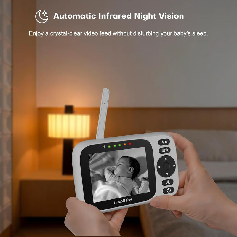 HelloBaby Baby Monitor Camera and Audio, 3.2 Inch Video Baby Monitor No WiFi,2-Way Talk, AUTO Night Vision, VOX Sound Activated Screen, Temperature Monitoring, 8 Lullabies and 1000ft Range,8 Languages