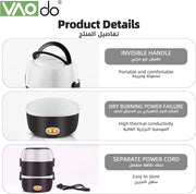 VAODO Electric Lunch Box Food Heater, 3 Layers 2L Portable Electric Heated Insulated Lunch Box, Multifunctional Food Warmer Container, Steam Cooker with Rice Set, with Egg Holder, Black