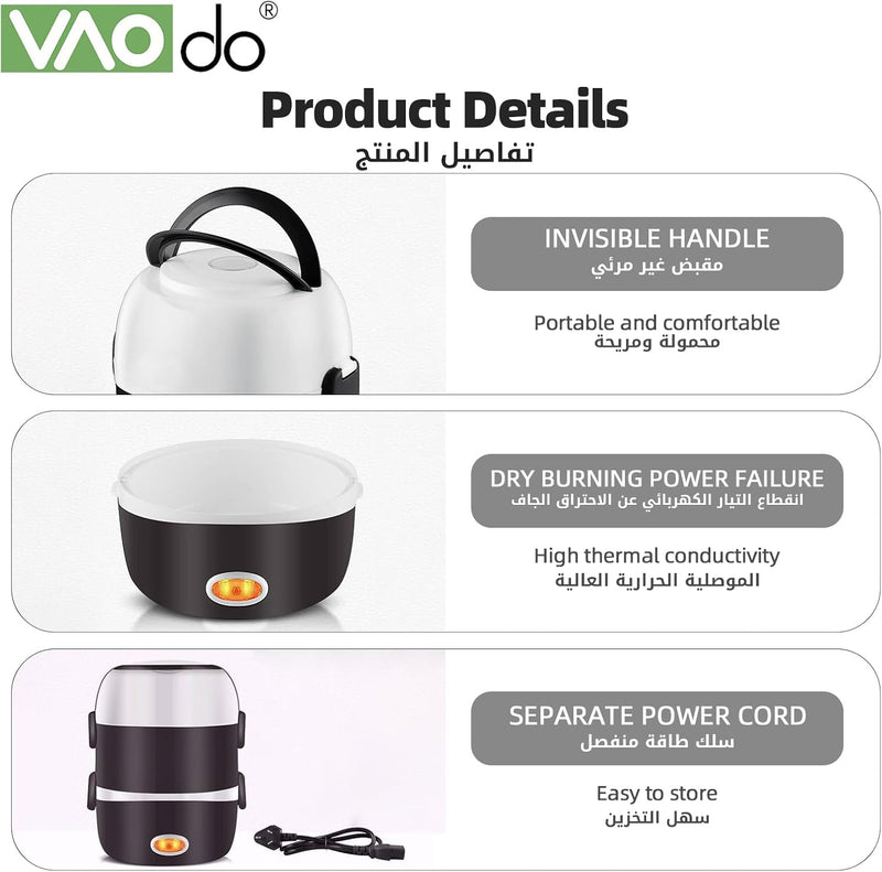 VAODO Electric Lunch Box Food Heater, 3 Layers 2L Portable Electric Heated Insulated Lunch Box, Multifunctional Food Warmer Container, Steam Cooker with Rice Set, with Egg Holder, Black