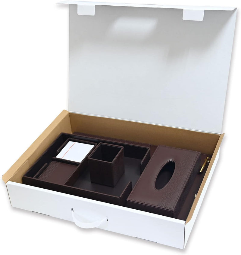 FIS Executive Desk Set with Italian PU Materials, Set of 5 Pieces Desk Set Organizer, Dark Brown Color, Pack in Gift Box-FSDS221DBR