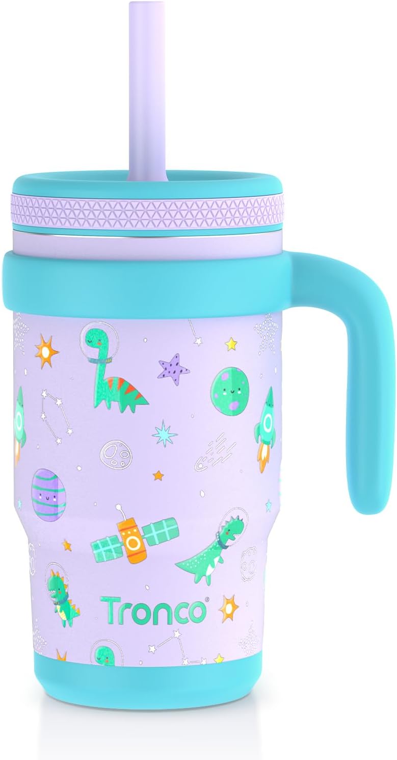 Tronco 14oz Insulated Stainless Steel Kids Travel Cup - BPA-Free Toddler Tumbler with Splash-Proof Flexible Straw, Ergonomic Handle & Splash Guard Lid for Car/Outdoor Use, Easy to Clean
