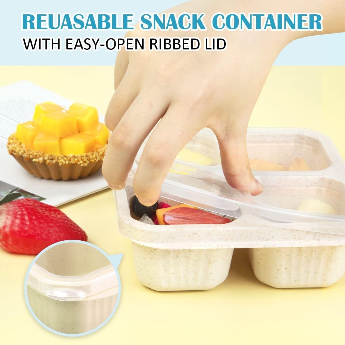 BIGTHREE 4 Pack Bento Snack Containers Set, Wheat Straw Meal Prep Lunch Box, 4 Compartment Snack Bento Boxes with Clear Lids, Microwave and Dishwasher Safe for Adults & Kids – image 6