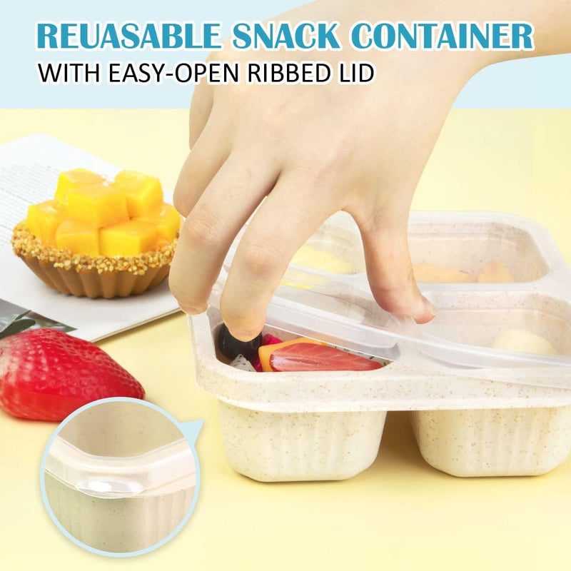 BIGTHREE 4 Pack Bento Snack Containers Set, Wheat Straw Meal Prep Lunch Box, 4 Compartment Snack Bento Boxes with Clear Lids, Microwave and Dishwasher Safe for Adults & Kids