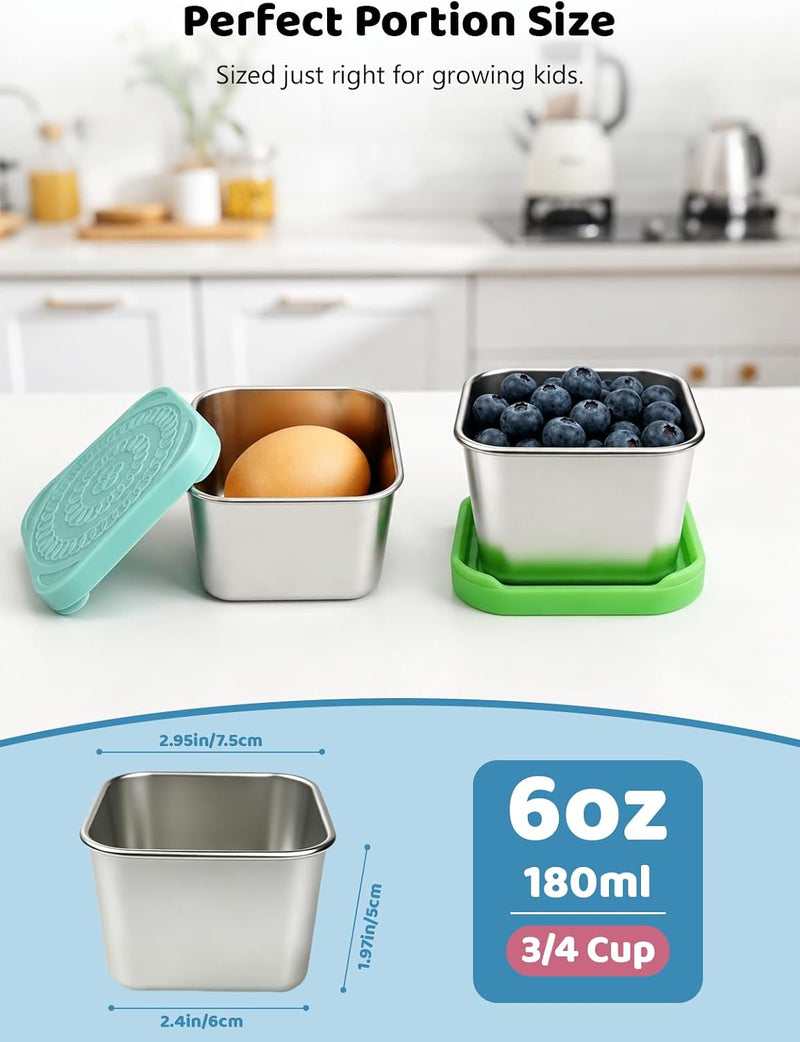 HTEVW - 6 Pack 6 oz Stainless Steel Kids Containers Easy Open Leakproof Metal Snack Containers with Silicone Lids, Stackable Lunch Box - color1