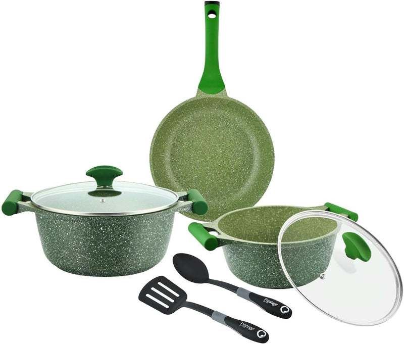 Prestige Essentials Granite 7 Piece Non-Stick Cast Aluminium Cookware Sets Induction Compatible Pots and Pans Set Grenn - PR80960 - Green