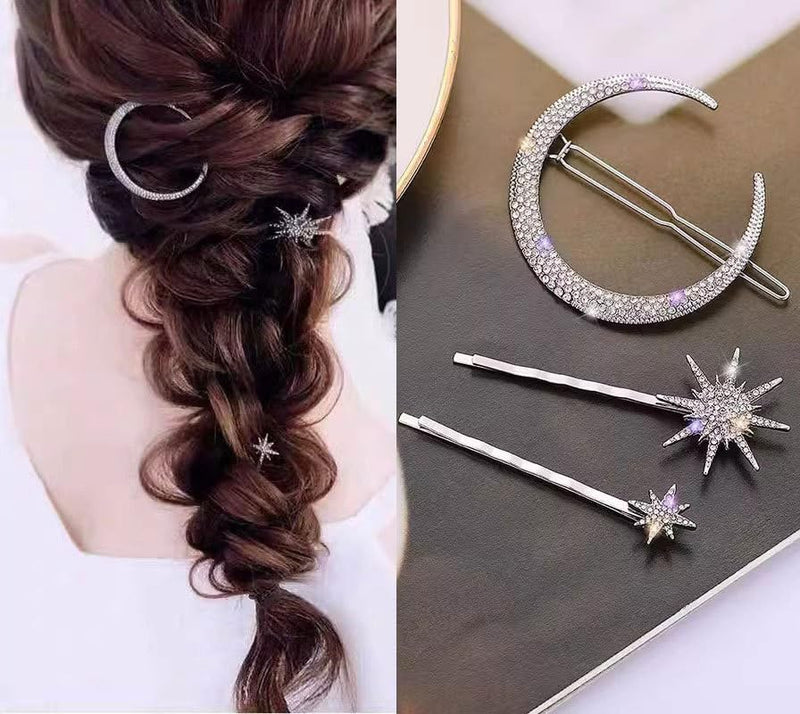 COOLive 6 Pieces Rhinestone Stars Moon Hair Clips Vintage Star Hairpins Crystal Decorative Bobby Pins Metal Alloy Hair Pins Snowflake Side Clip Hair Accessories for Women Girls (Silver, Gold)