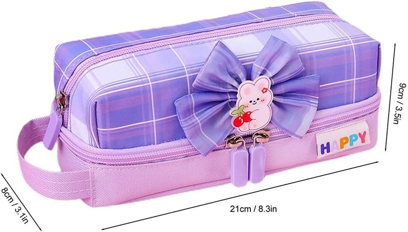 HASTHIP Pencil Case Large Capacity Canvas Pencil Pouch with Bowknot, Double Zipper, Multi-Layer Compartments, Gusset Design, Cute Pink Pen Bag for Girls/Women, Stationery Storage, Cosmetic Organizer