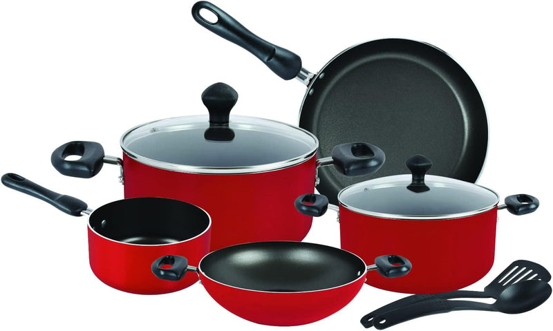Prestige 9 Piece Non-Stick Cookware set Non Stick Aluminium Casserole Sauce Pan Fry Pan Red - Red