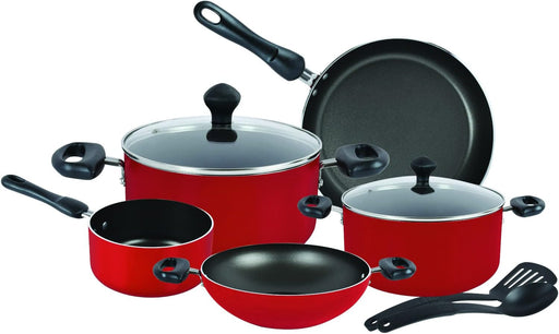 Prestige 9 Piece Non-Stick Cookware set Non Stick Aluminium Casserole Sauce Pan Fry Pan Red - Red