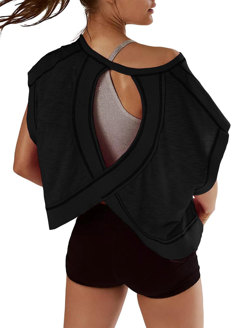 Sthxyfaith Women Short Sleeve Workout Shirts Open Back Tops Casual Yoga Athletic Gym Slouchy Crop Running Tees