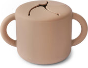 Mushie Silicone Baby Snack Cup with Handles - Easy-Grip Baby Cup with Soft Opening for On-the-Go Feeding, 400ml Spill-Proof Food-Grade Container for Baby Food & Snacks Woodchuck - Natural