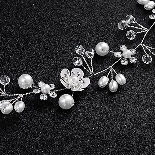 Flower Wedding Hair Accessory, Crystal Pearl Bridal Headband Flower Hair Vine Silver Bride Headband for Women and Girls