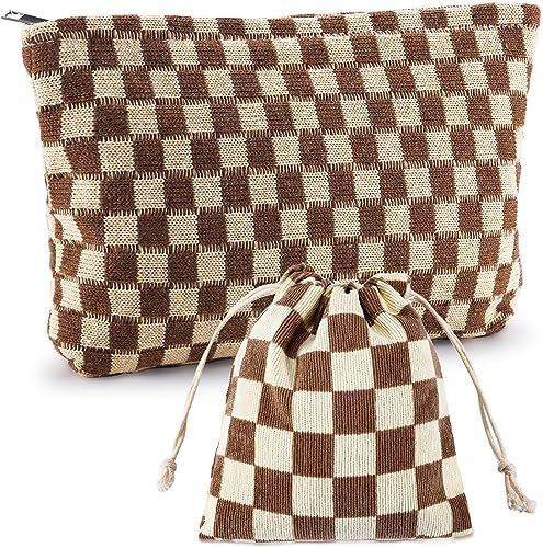ZLFSRQ 3Pcs Checkered Makeup Bag for Women Large Cosmetic Bag Set Travel Toiletry Bag Makeup Pouch Bag for Purse Pink Zipper Storage Bag Organizer Cute Small Aesthetic Girls Car Essentials Bag