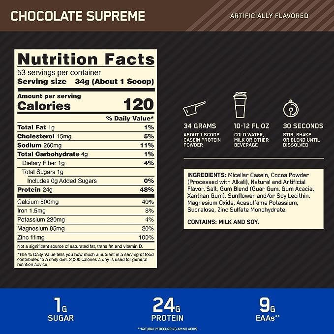 Optimum Nutrition (ON) Gold Standard 100% Micellar Casein Protein Powder,24 Grams of Protein,Slow Digesting,Helps Keep You Full,Overnight Muscle Recovery-Chocolate Supreme,3.97 Lbs,53 Servings(1.8 KG)