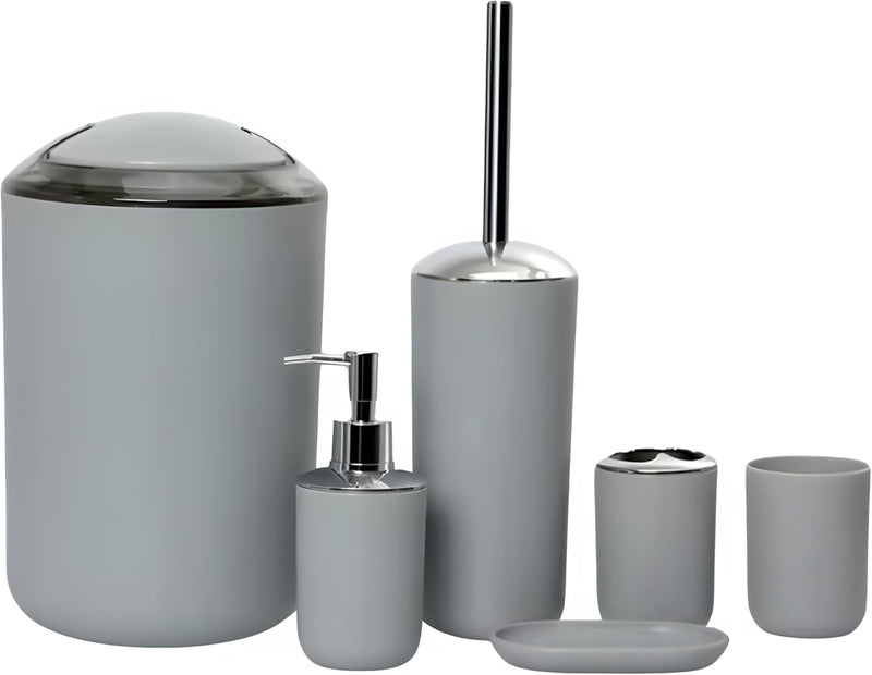 FEELINGS Bathroom Accessories Set 6 Piece Bath Ensemble Includes Soap Dispenser, Toothbrush Holder, Toothbrush Cup, Soap Dish for Decorative Countertop and Housewarming Gift,Large (BEIGE) - GREY
