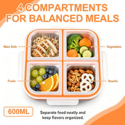 Snack Box with Compartments, 2 Pieces 600 ml Stainless Steel Lunch Box with 4 Compartments & Leak-proof Lid, Reusable Bento Box with 2 Spoons for Fruit, Vegetables, Meat, Sweets, Nuts