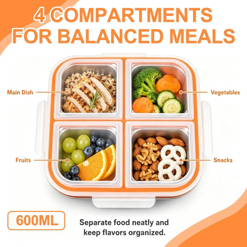 Snack Box with Compartments, 2 Pieces 600 ml Stainless Steel Lunch Box with 4 Compartments & Leak-proof Lid, Reusable Bento Box with 2 Spoons for Fruit, Vegetables, Meat, Sweets, Nuts