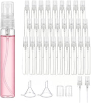 Zimtty 50 Pcs 10ml Glass Perfume Spray Bottles, Refillable Mini Atomizers with Caps, Portable Travel Sample Containers, Fine Mist Sprayers, Includes 2 Funnels, Ideal for Perfumes, Essential Oils - 10ml+Transparent Plastic Cap
