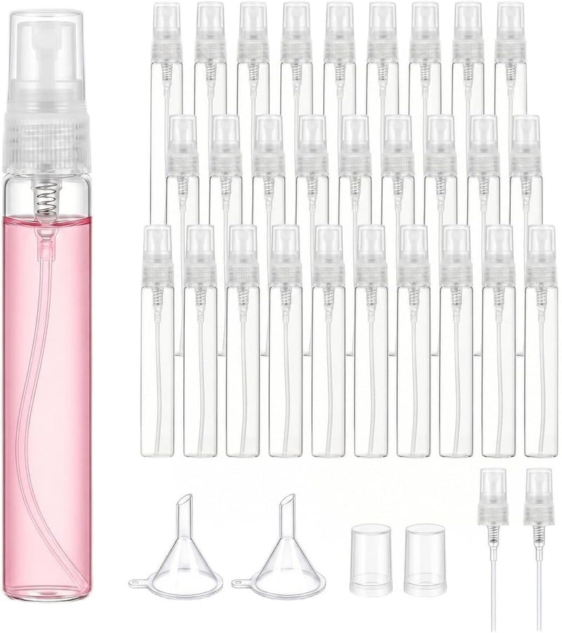 Zimtty 50 Pcs 10ml Glass Perfume Spray Bottles, Refillable Mini Atomizers with Caps, Portable Travel Sample Containers, Fine Mist Sprayers, Includes 2 Funnels, Ideal for Perfumes, Essential Oils - 10ml+Transparent Plastic Cap