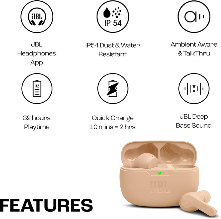 JBL Wave Beam 2 Adaptive Noise Cancelling with Smart Ambient True Wireless Earbuds, Deep Bass, Comfort Fit, 40H Battery, Hands-Free + VoiceAware, Water and Dust Resistant - Black, JBLWBEAM2BLK