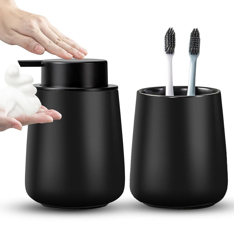 AZMOYAC Ceramic Bathroom Accessory Set 2 Pcs, Toothbrush Holder Set, Foaming Hand Soap Dispenser, Modern Home Aesthetic Bathroom Decor, Bathroom Organizer for Modern Bathrooms, Matte Black