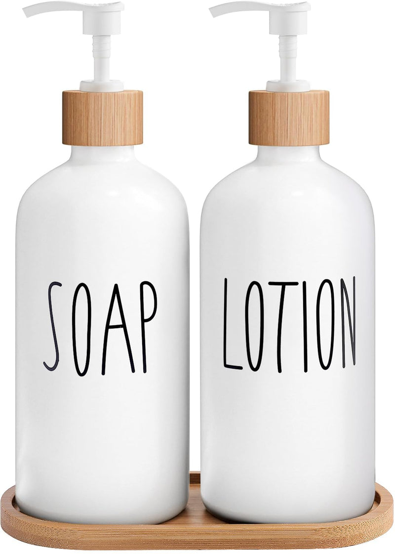 MOMEEMO White Soap Dispenser Bathroom Set, Bathroom Soap Dispenser Set with Glass Soap Dispenser, Bamboo Pumps & Tray. Soap and Lotion Dispenser Set Suitable for Bathroom Accessories Decor. (White)