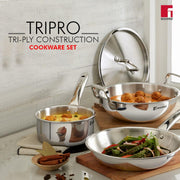 Bergner Tripro 4-Pc Triply Stainless Steel Cookware Set, 24cm (3.1L) Stir Fry Pan with Lid, 22cm Frying Pan, 16cm (1.7L) Saucepan, Less Oil Use Healthy Cooking Set, Even Heating, Induction & Gas Ready - Kadai / Frypan / Teapan 4pc