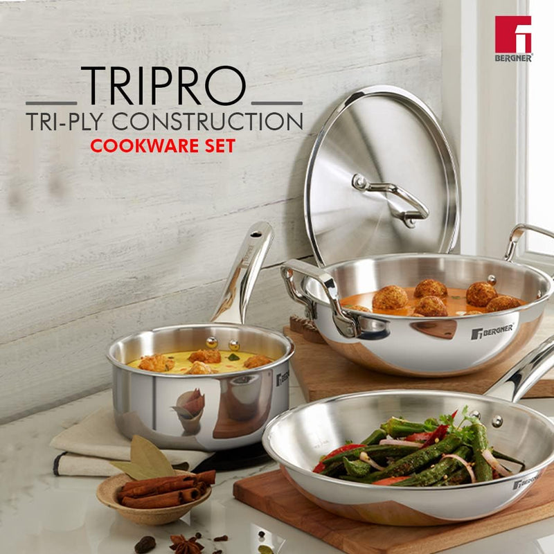 Bergner Tripro 4-Pc Triply Stainless Steel Cookware Set, 24cm (3.1L) Stir Fry Pan with Lid, 22cm Frying Pan, 16cm (1.7L) Saucepan, Less Oil Use Healthy Cooking Set, Even Heating, Induction & Gas Ready - Kadai / Frypan / Teapan 4pc