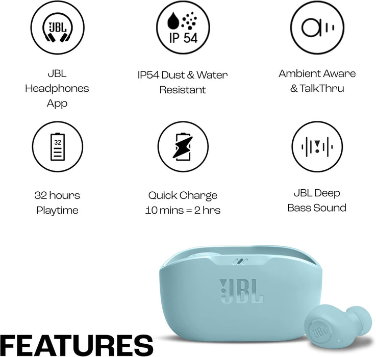 JBL Wave Buds True Wireless Earbuds, Deep Bass, Comfortable Fit, 32H Battery, Smart Ambient Technology, Hands-Free Call, Water and Dust Resistant - Mint, JBLWBUDSMIT