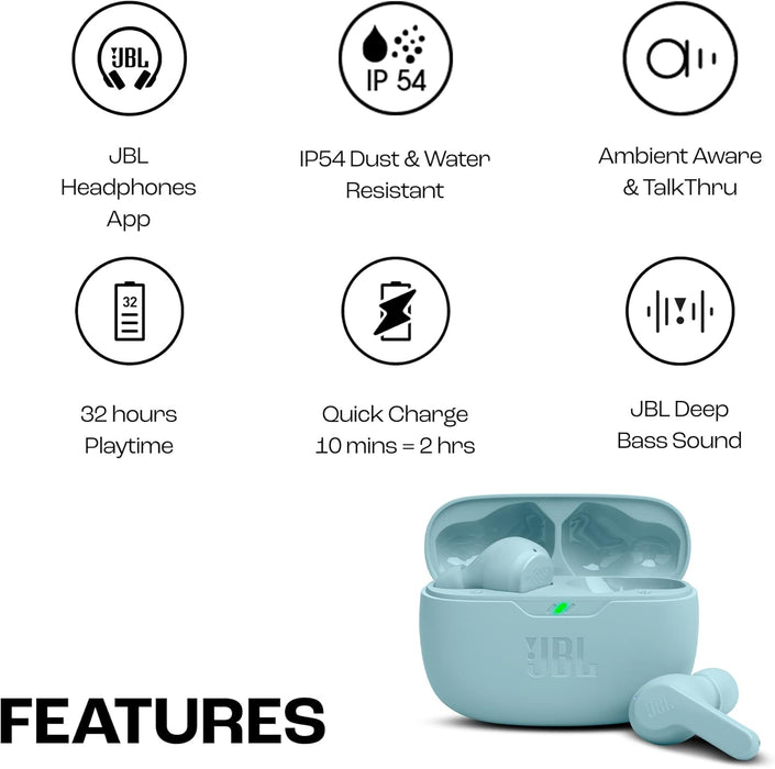 JBL Wave Beam 2 Adaptive Noise Cancelling with Smart Ambient True Wireless Earbuds, Deep Bass, Comfort Fit, 40H Battery, Hands-Free + VoiceAware, Water and Dust Resistant - Black, JBLWBEAM2BLK