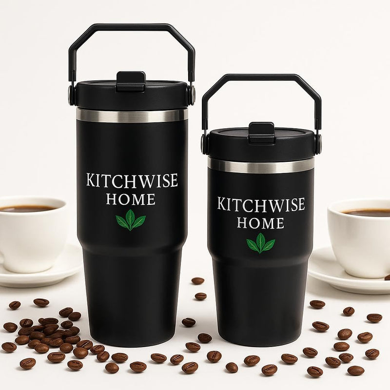 Kitchwise Home 30oz Flip Straw Tumbler with Handle Insulated Stainless Steel Coffee Mug Leak-Proof Insulated Travel Mug for Gym Sports Outdoors Comfort-Grip Handle- BPA free (Black)