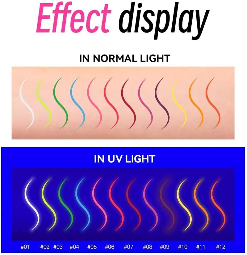 Glow in the Dark Face Paint Pen 12PCS, UV Neon Body Painting Kit for Kids & Adults, Waterproof Smudge-Proof Skin Marker Pens for Halloween Makeup, Tattoo, Festival & Party Eye Body Art